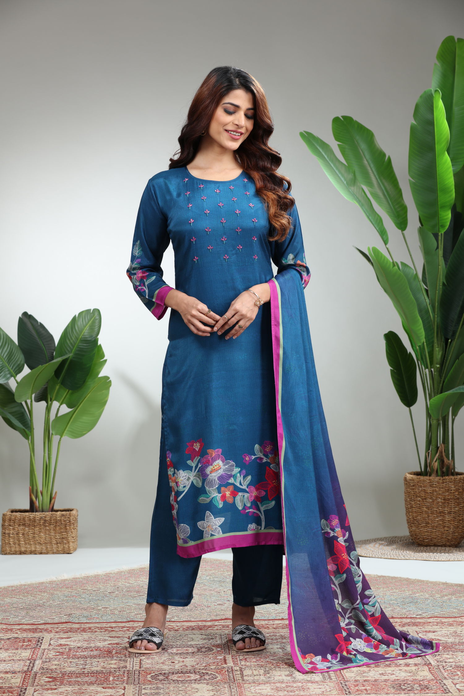 Blue 3 Piece Suit Set With Dupatta